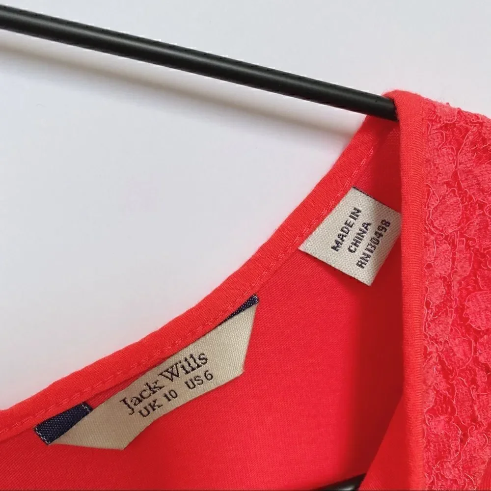 Jack Wills Short Sleeve Lace Collar Tee Shirt Top Preppy Pink / Red 6
